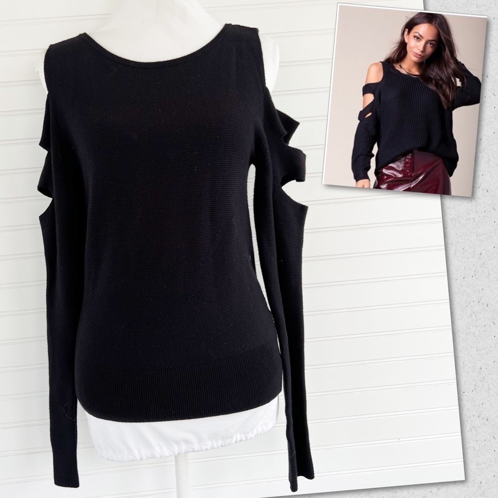 Bold Elements Cold Shoulder Sweater Womens Medium Black Ribbed Cutout Knit Top